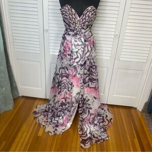 Rush by RJ Formals | White with Purple, Pink, & Black Strapless Dress & Bow Tie